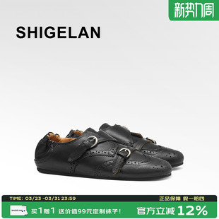 女黑色平底双扣带英伦风复古鞋 诗歌兰2026新款 布洛克风真皮穆勒鞋