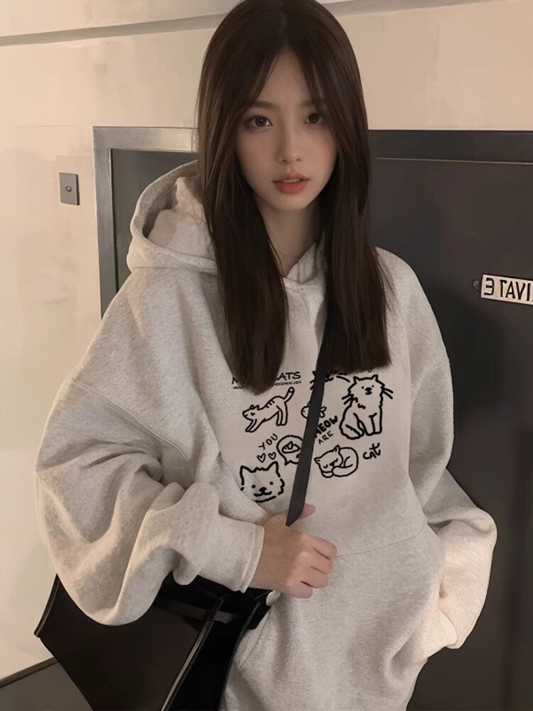 Off-White Hooded Sweatshirt for Women, Spring and Autumn 2025 New Popular Loose American Style, Winter and Autumn Fleece Thickened Top Coat