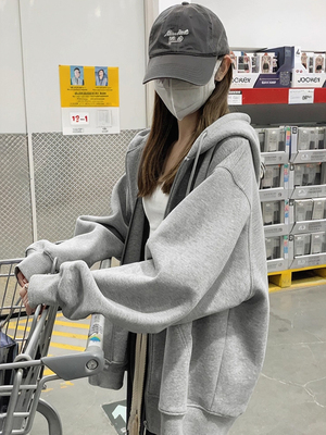 灰色早秋卫衣外套女开衫连帽2025新款宽松拉炼秋冬季加绒加厚上衣