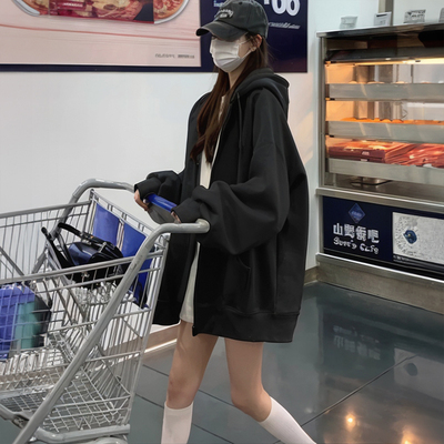 早秋卫衣外套女开衫连帽2025新款宽松黑色拉链秋冬季加绒加厚上衣