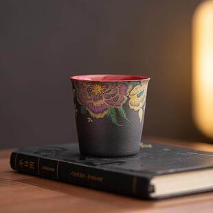 复古缂丝烤花陶瓷直口杯主人杯功夫茶具墨华锦绣喝茶杯大容量