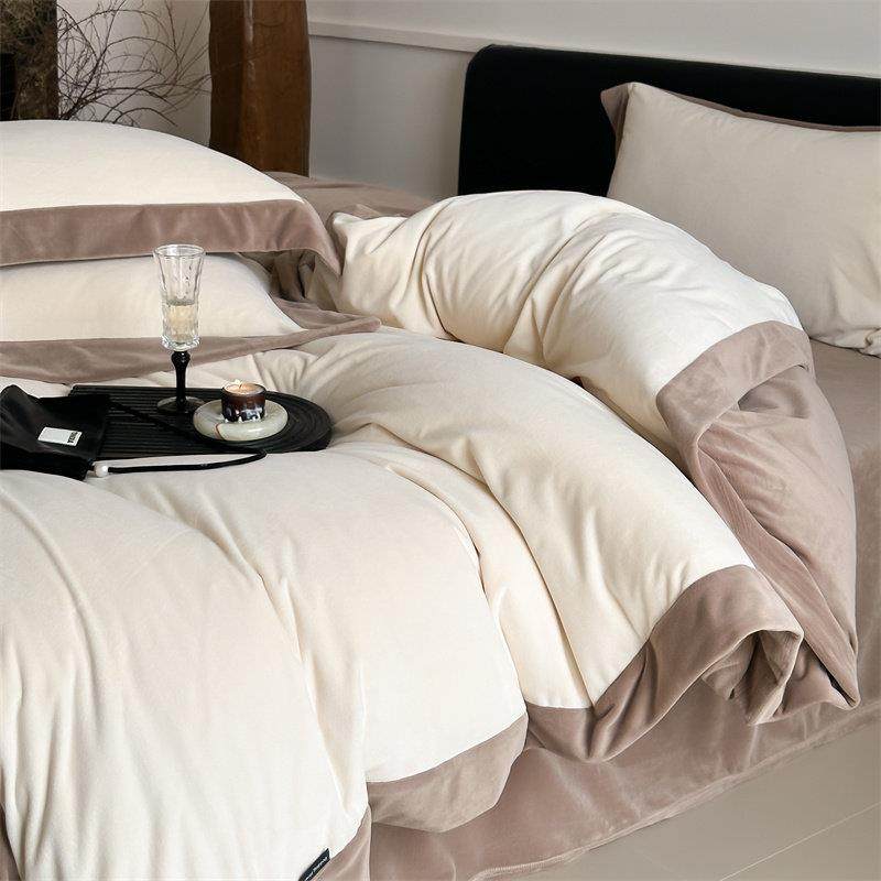 HJ简约纯色加厚双面绒德芙绒四件套撞色宽边床上用品秋冬新款