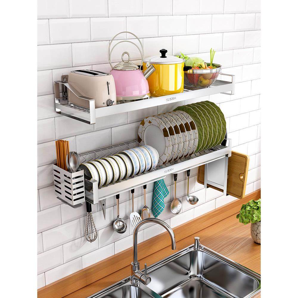免打孔厨房水槽置物架壁挂式碗架碗碟沥水架304不锈钢碗盘收纳架