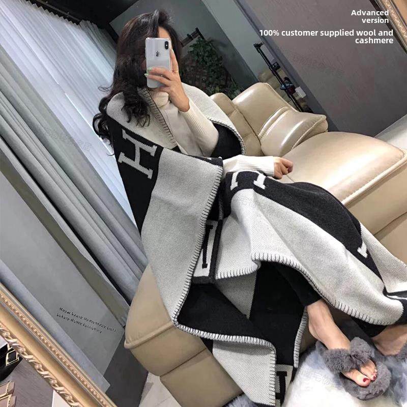 升级版100%羊毛羊绒H字母沙发毯无障碍豪华双面披肩空调毯样板房