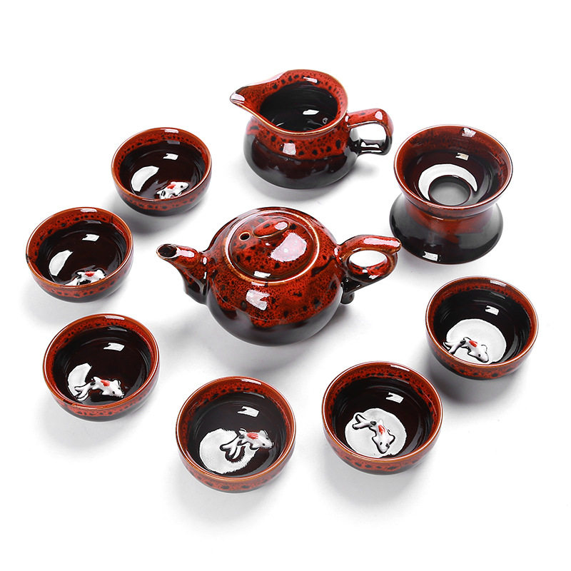窑变冰裂加鱼茶具套装7头10头创意商务活动开业礼品茶具