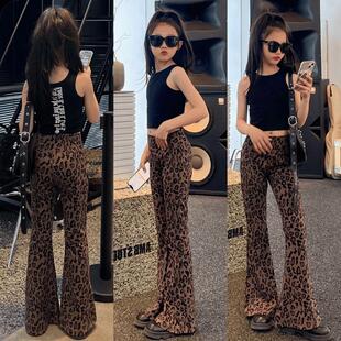 女童显瘦显腿长休闲裤子瑜伽裤中大童豹纹喇叭裤儿童洋气时髦长裤