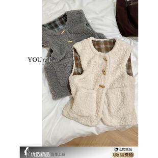 日系覆古羊羔毛棉服马甲女款秋冬季保暖坎肩背心时髦洋气叠穿外套
