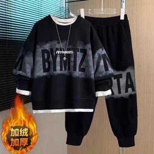 胖童装男童加肥加大套装2024秋冬新卫衣中大童宽松加绒上衣两件套