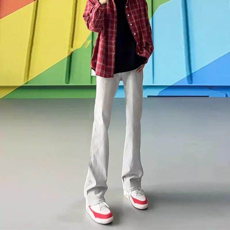 水泥烟灰色微喇牛仔裤男美式高街vibe窄版直筒修身显瘦裤子弯刀裤