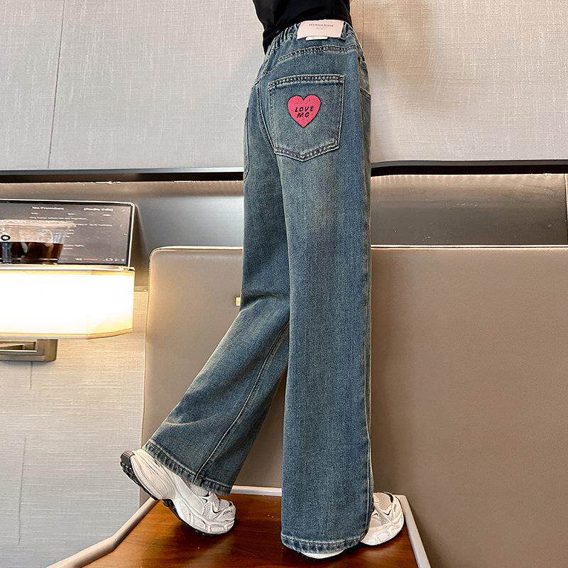 女童牛仔裤春秋款2025新款春装女孩春季爱心窄版直筒裤儿童裤子夏