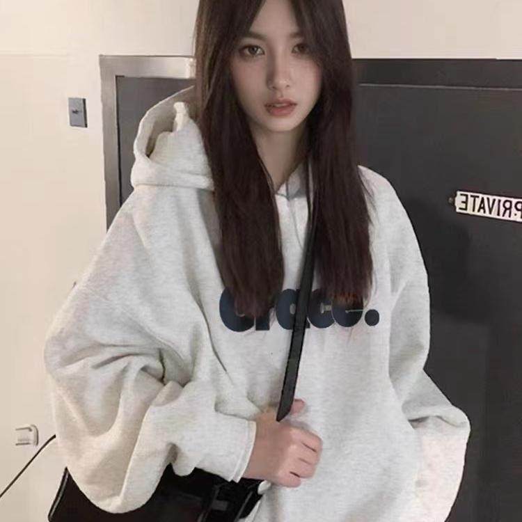 灰色连帽卫衣女2025新款爆款春秋冬加绒美式宽松oversize薄款上衣
