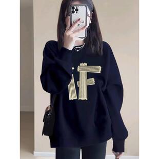 宝蓝色加绒加厚正肩圆领卫衣女2025秋冬新款欧货宽松显瘦外套上衣