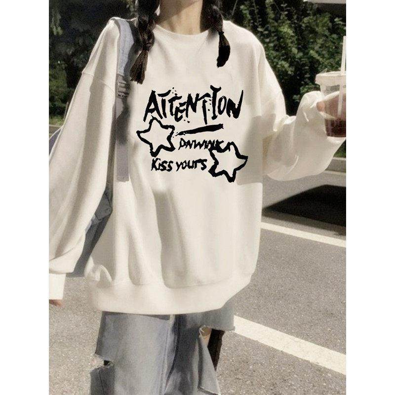 美式学生白色卫衣女大童秋冬天国潮加绒慵懒风初中高中生圆领上衣