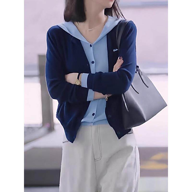 韩系假两件连帽针织开衫外套秋季大码胖MM减龄宽松巨好看长袖上衣