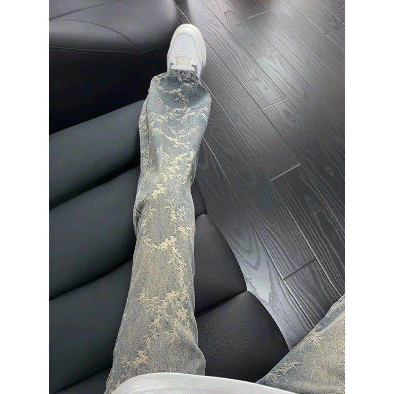 荆棘提花弯刀牛仔裤男款秋季美式高街vibe裤子显瘦显高直筒微喇裤