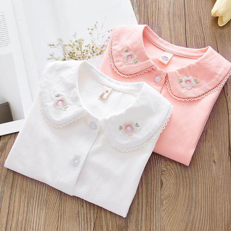 时尚女孩纯棉翻领底衬衫儿童绣花单排扣衬衫小女孩白色圆领衬衫新