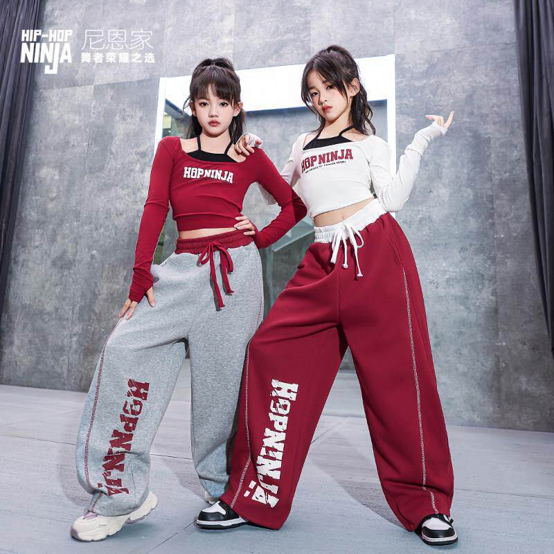 儿童街舞女童爵士舞服jazz假两件长袖运动裤套装表演出潮