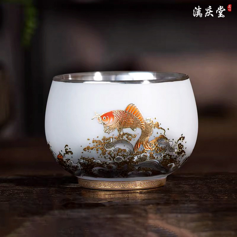 滇庆堂 银杯子鱼跃龙门包银茶杯主人杯大容量纯银999品茗杯喝茶礼