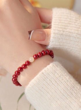 天然保真朱砂手链女新中式和田玉红色本命年圆珠素圈百搭手串配饰