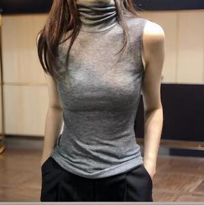 欧货高领无袖背心女外穿春秋打底衫内搭修身堆堆领上衣薄款