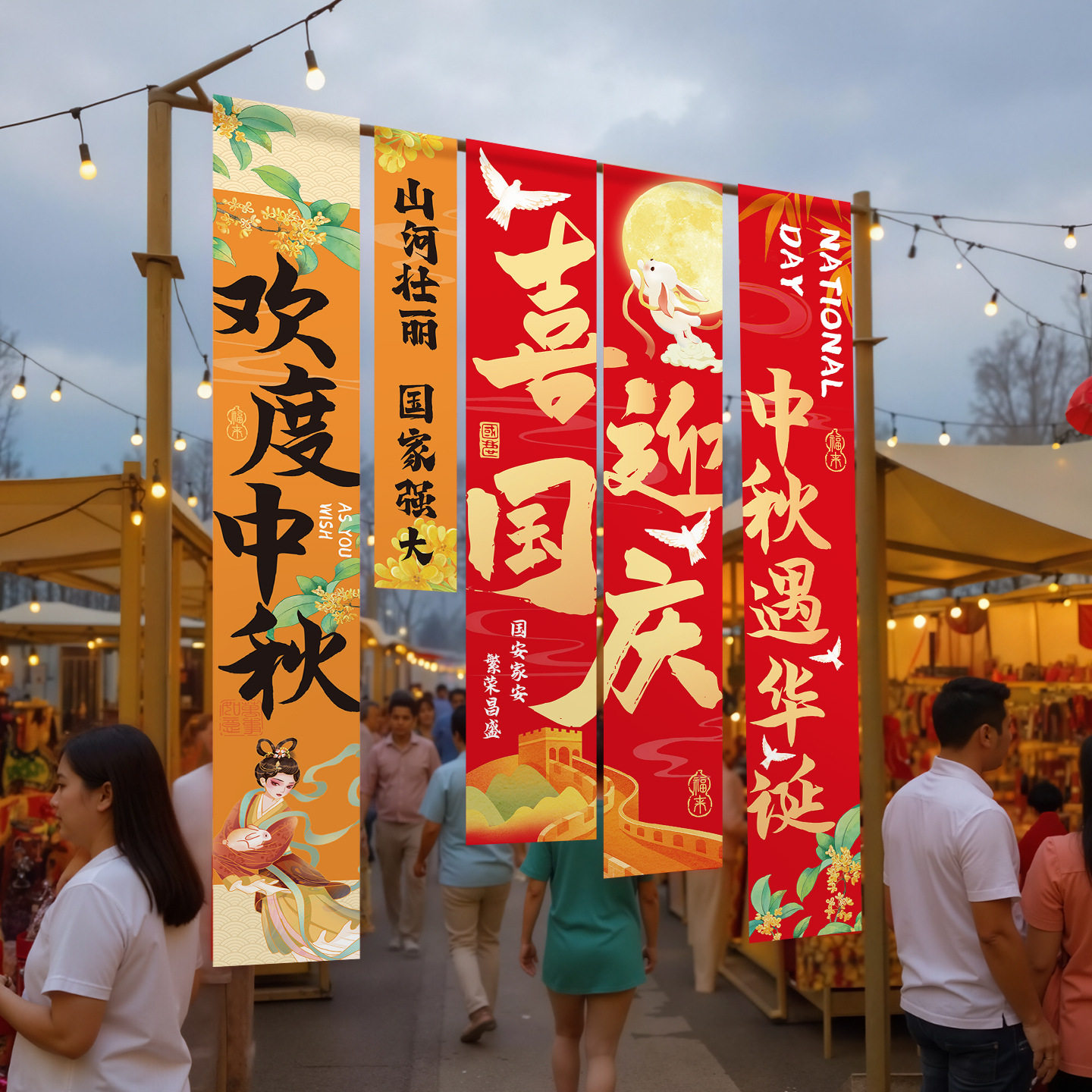中秋国庆店铺商场打卡点背景挂布