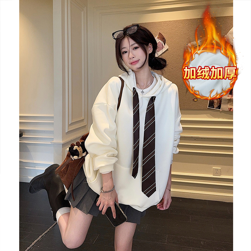 实拍大码女装加绒卫衣女秋冬新款潮格纹领带纯色宽松连帽保暖上衣