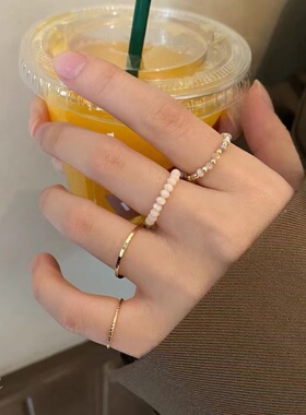 彩色素圈串珠套装戒指ins潮小众设计4件套简约食指戒百搭玻璃指环