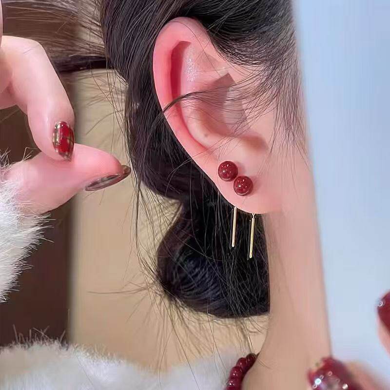 2026年新款朱砂耳线气质流苏耳环简约女款新中式耳钉本命年礼物