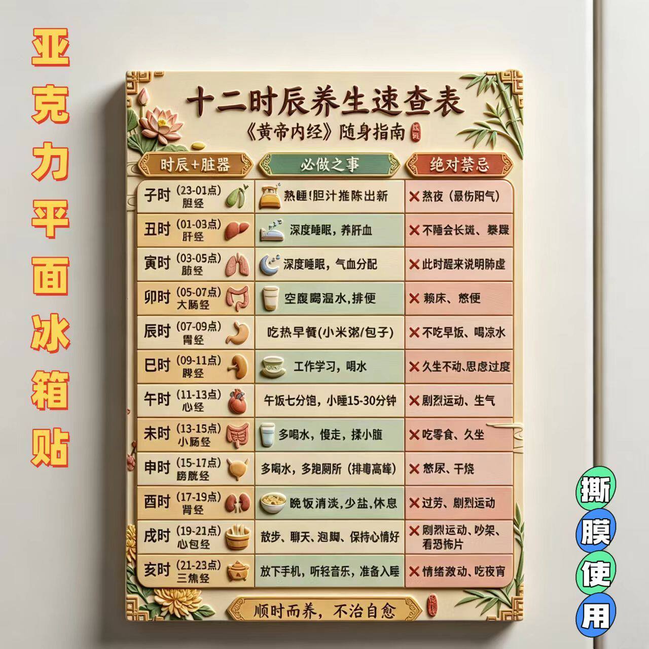 十二时辰养生速查表亚克力平面冰箱贴现代健康生活中医馆磁贴