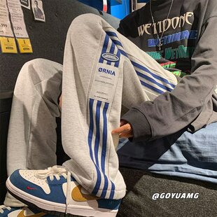 休闲裤男款美式阔腿条纹运动裤青少年高街时尚秋冬季加绒裤子宽松