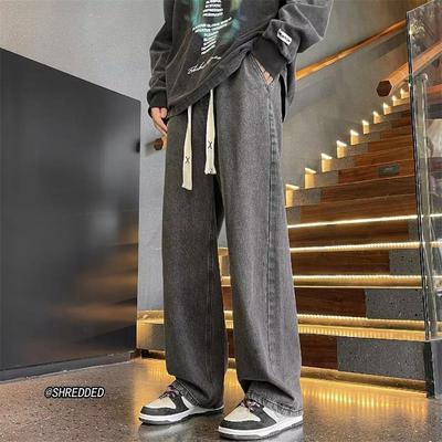 上班工作裤春秋男款牛仔裤无磁无铁宽松直筒干活穿的松紧带长裤子