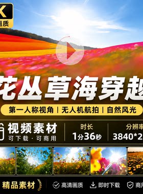 高清花丛草海无人机穿越第一人称视角田野大自然风光视频素材
