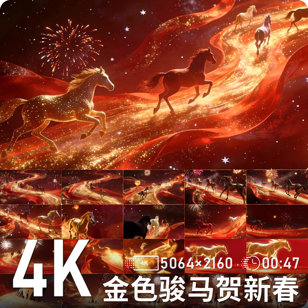 金色骏马奔腾红绸烟花新春喜庆中设计素材/源文件