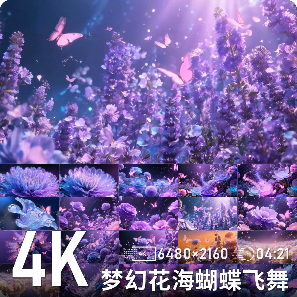 梦幻紫色花海蝴蝶飞舞星光萦绕夜空微光绽放高清动态背景视频素材