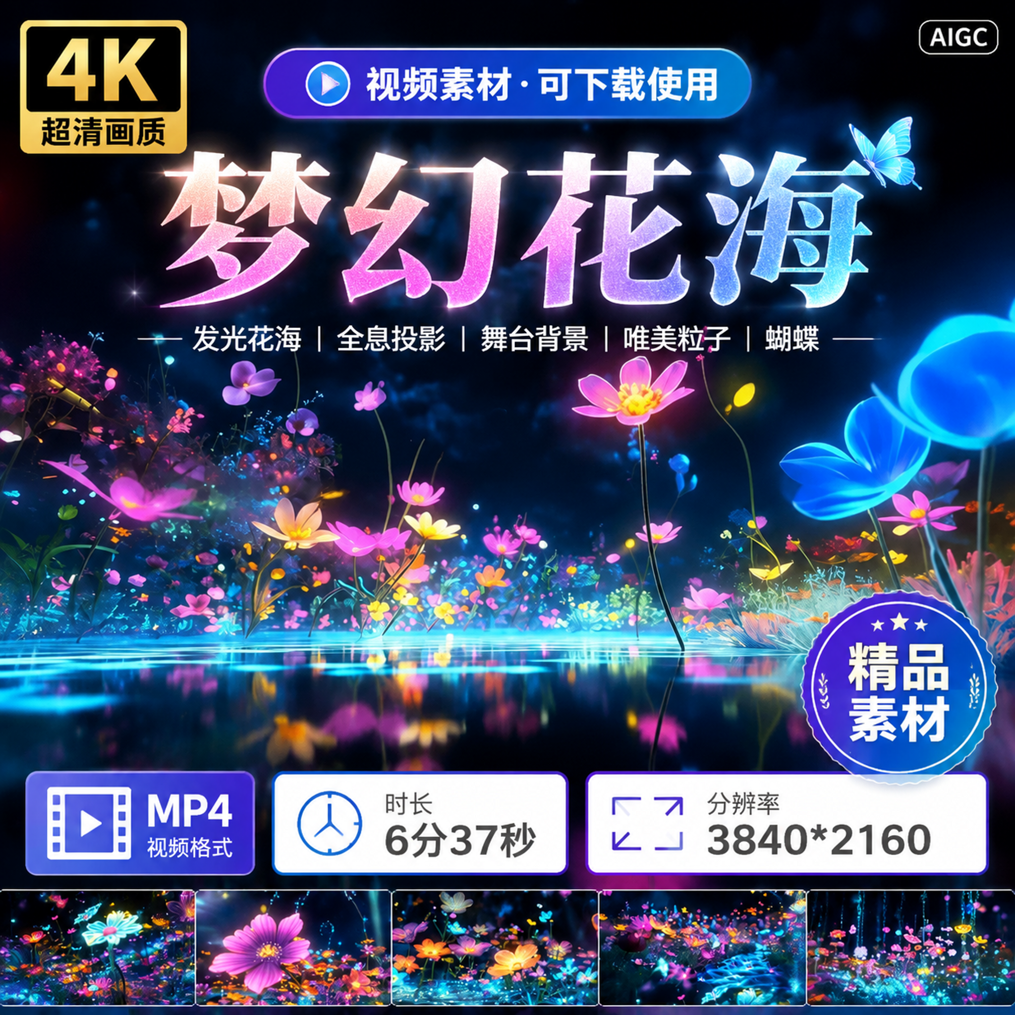 高清浪漫梦幻发光花海全息投影舞台背景唯美粒子蝴蝶沉浸视频素材