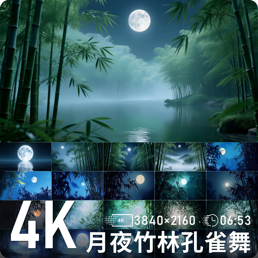 月夜竹林水雾明月倒影静谧梦幻氛围东方意境高清动态背景视频素材图片