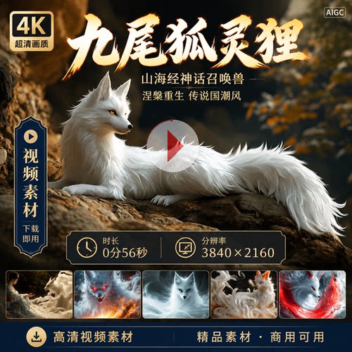 高清九尾狐灵狸山海经神话召唤兽涅槃重生传说国潮风视频素材