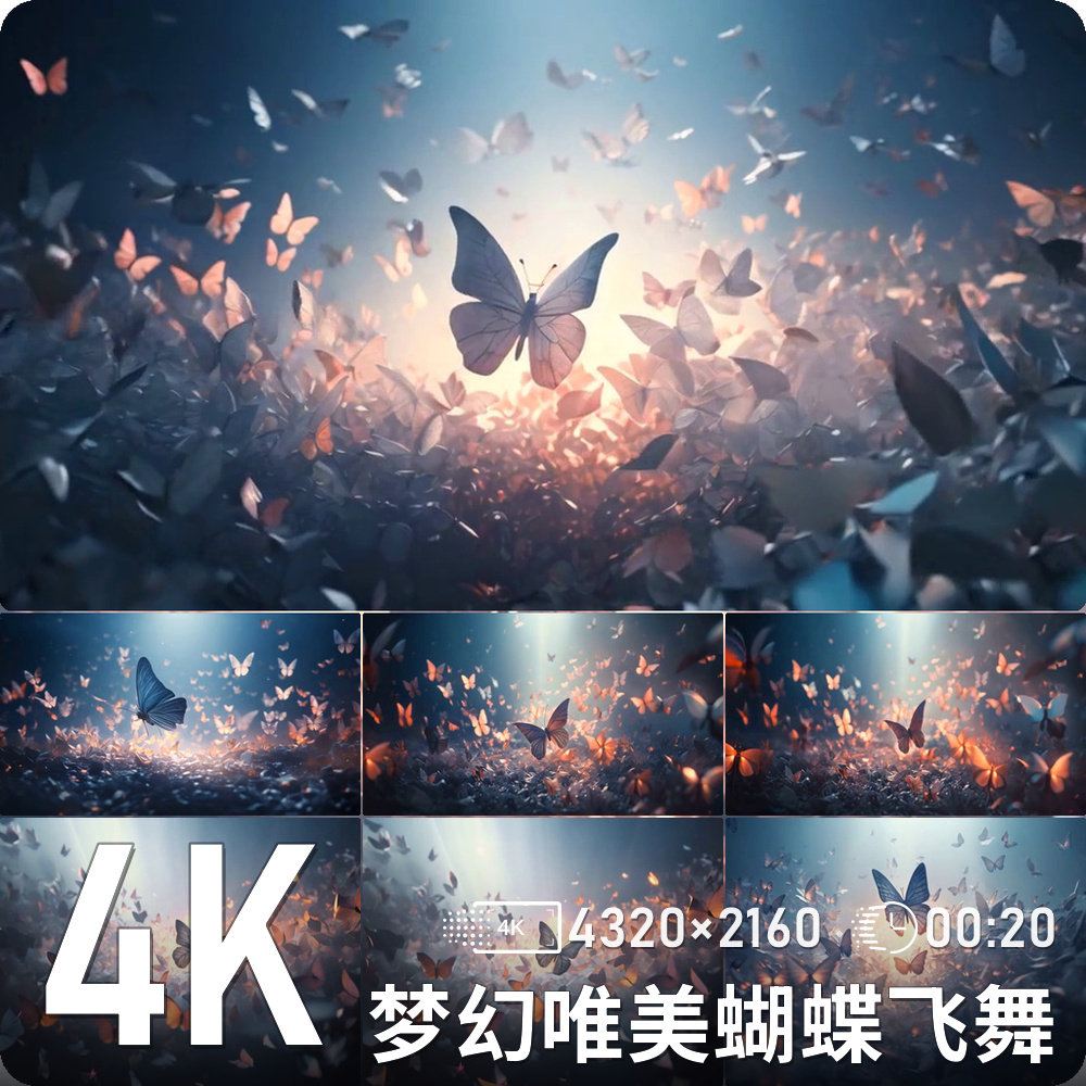 梦幻蓝紫蝴蝶花海光点飞舞唯美特效光影场景高清动态背景视频素材