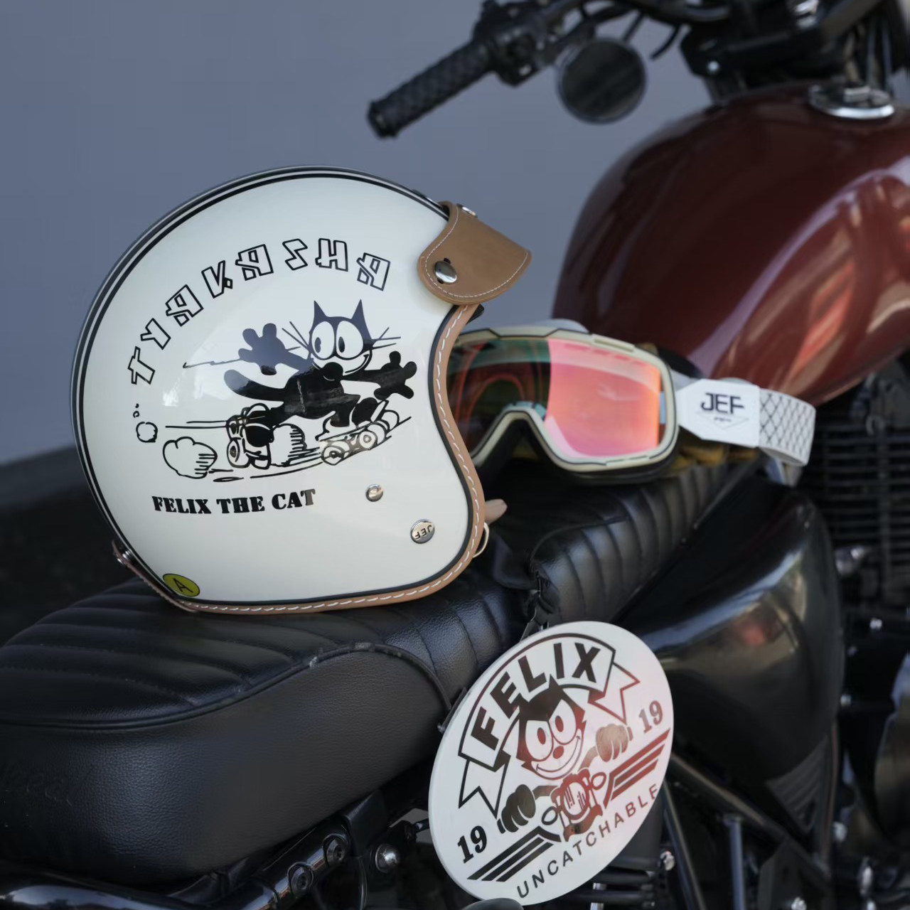 台湾JEF卡通头盔滑板猫四季3C男女电动摩托车盔机车巡航3/4复古盔