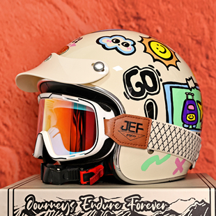 台湾JEF头盔电动摩托车复古盔男女3C四季机车骑行安全帽秋冬3/4盔