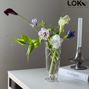 简约中古透明玻璃花瓶高脚杯水养鲜切花玫瑰现代客厅餐桌装饰摆件