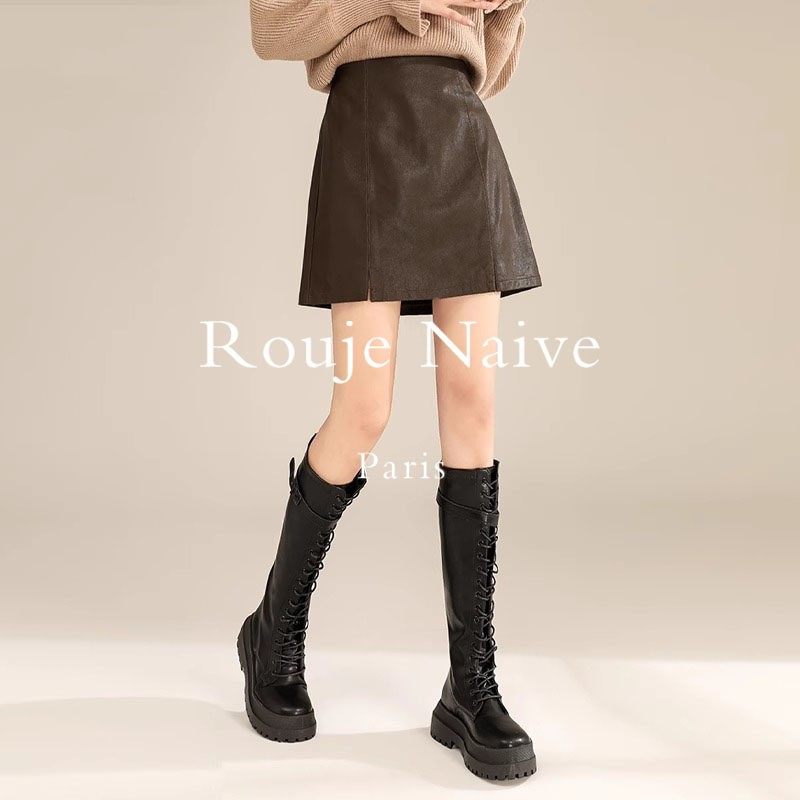 Rouje Naive小皮裙短裙女25春秋新款高腰a字裙子PU棕色包臀半身裙
