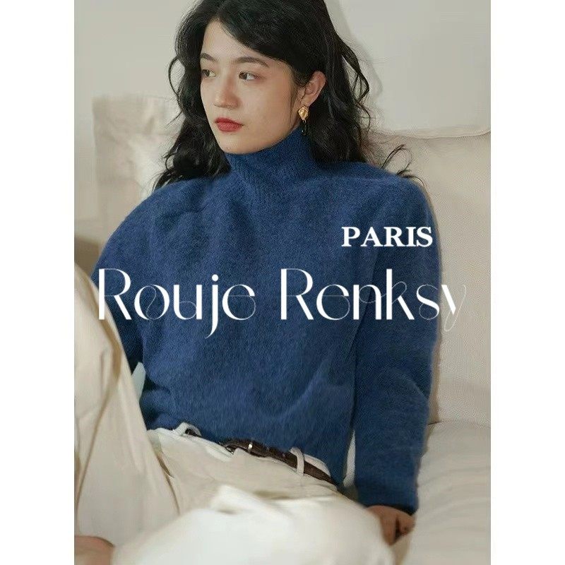 法国rouje renksy冬季设计感复古蓝色高领法式浣熊绒针织衫毛衣女