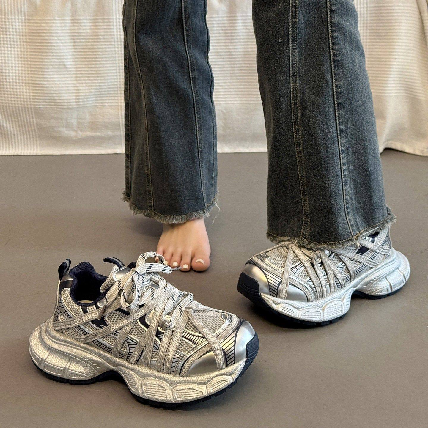 银色老爹鞋女款2025秋季新款鞋子厚底跑步鞋休闲鞋增高百搭运动鞋,女鞋,时尚休闲鞋,淘宝优惠券,粉丝福利购,淘宝优惠卷