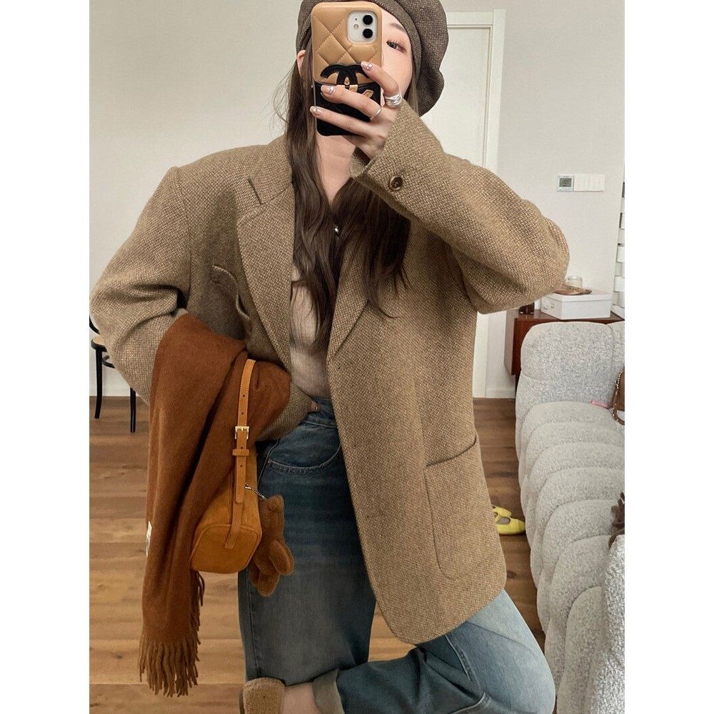 2025秋冬秋新款咖色羊毛呢小西装外套女小个子美拉德穿搭覆古上衣