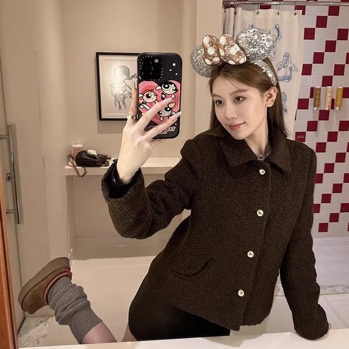 复古棕色羊毛小香风短外套女设计感高级气质羊毛呢夹克上衣女