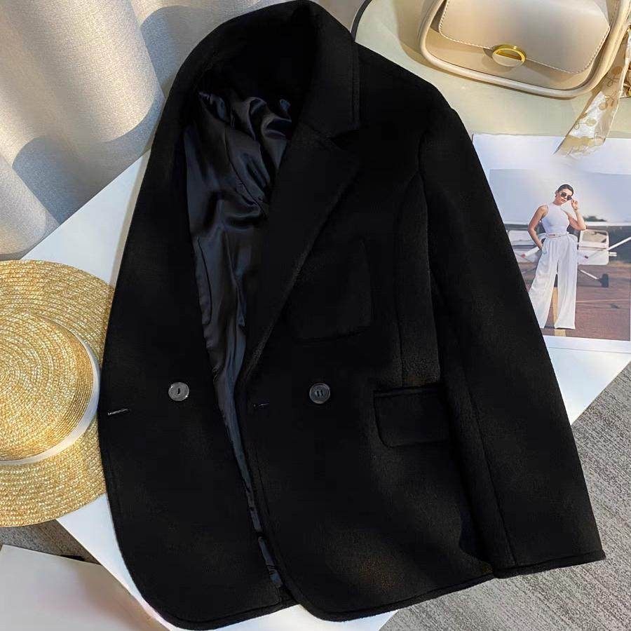 黑色显瘦高级质感羊毛呢外套女2024秋冬韩版百搭时尚小西装上衣