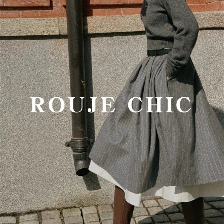 法国rouje chic法式时髦复古条纹拼接半身裙女秋格雷系灰色中长裙