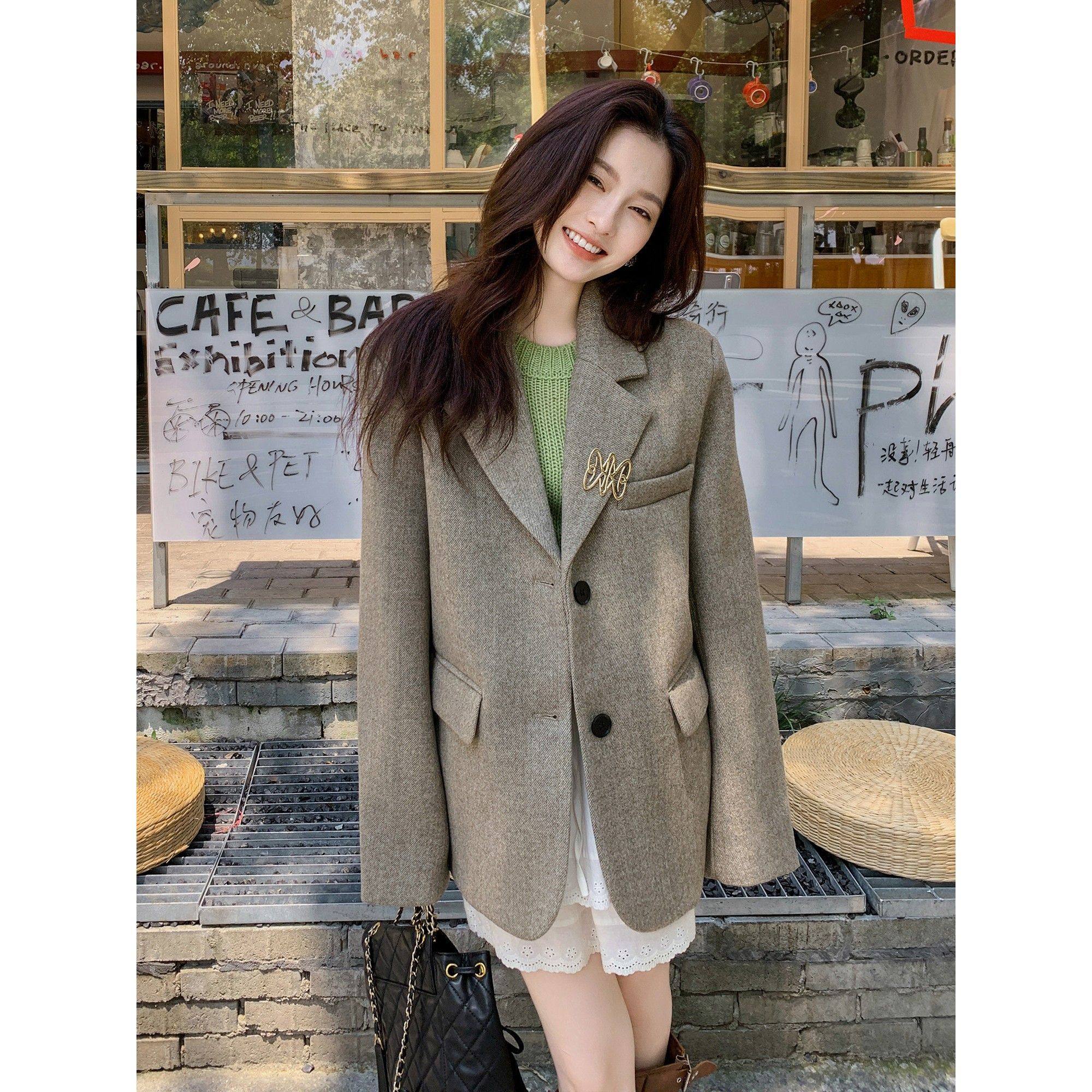 灰色羊毛呢小西装外套女2025秋冬季韩系短款宽松呢子小个子大衣