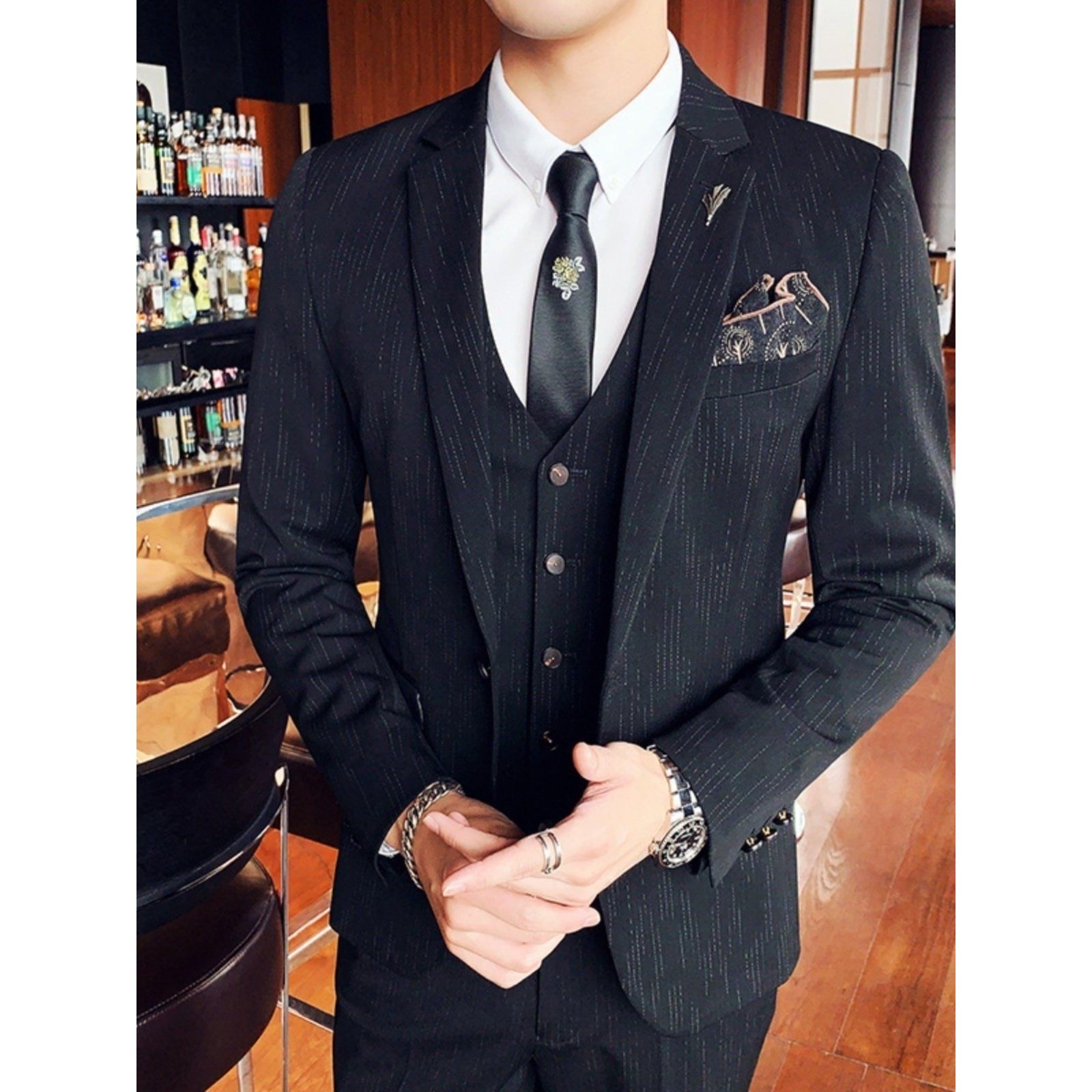 皮尔卡丹西服套装男潮流西装商务正装男士新郎伴郎结婚礼服三件套